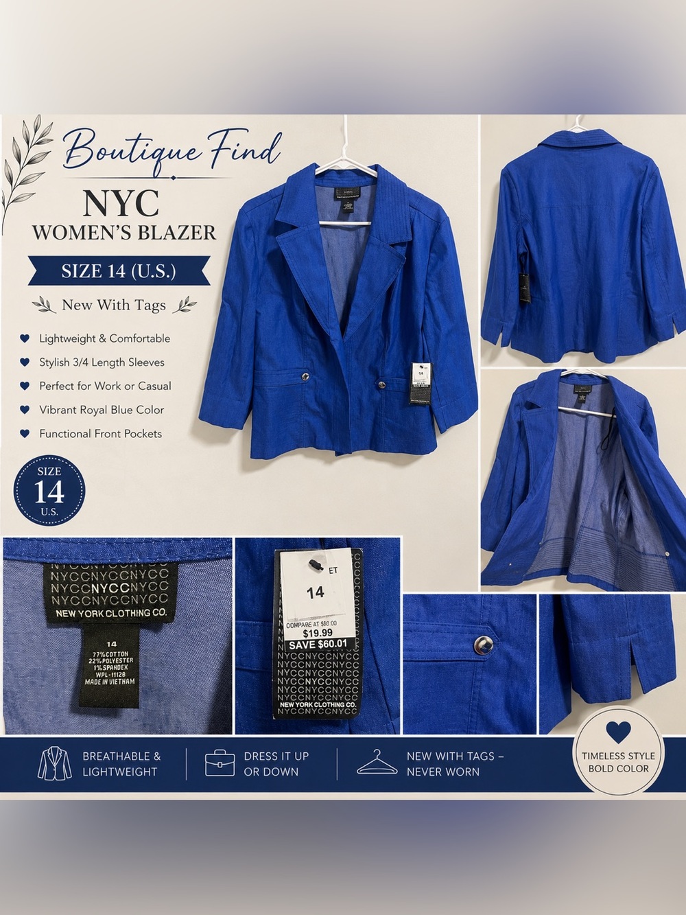 NYC Women’s Royal Blue Blazer New w/Tags- Size 14